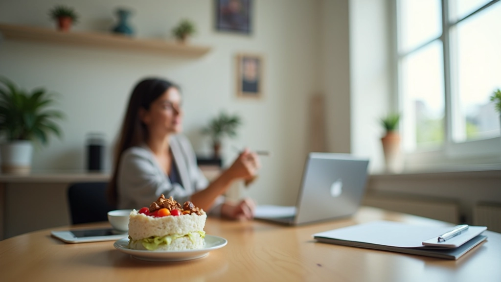 Escritório moderno com uma mulher a comer uma refeição saudável na sua secretária