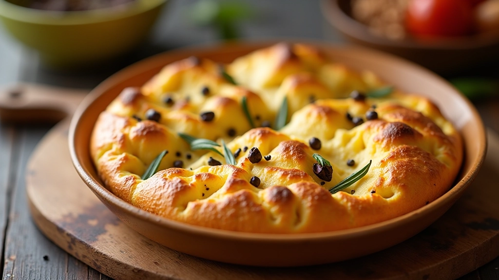 Focaccia caseira com sementes, azeitona e ervas aromáticas, pão artesanal italiano
