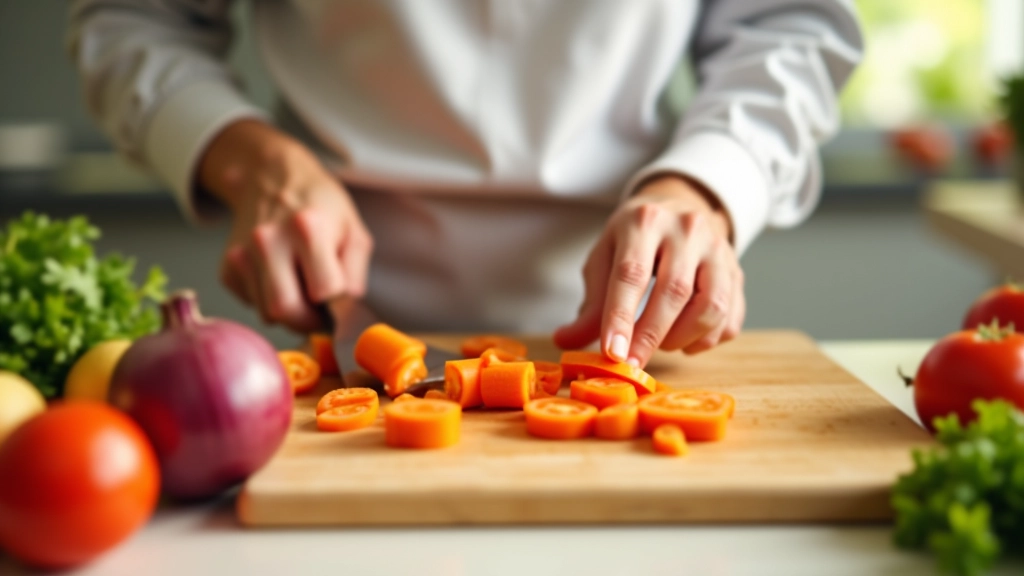 Mãos a preparar vegetais numa tábua de corte, cenoura, tomate e cebola em processo de preparação, cozinha doméstica com luz natural clara