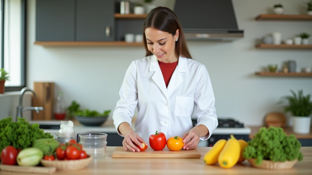 Nutricionista a preparar marmitas equilibradas em ambiente profissional