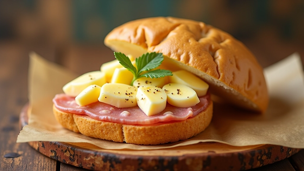 Pão fermentado artesanal com mortadela, queijo e rúcula fresca, charcutaria gourmet