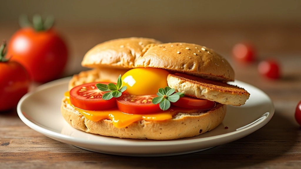 Pão integral com ovo fatiado, abacate cremoso, tomate fresco, almoço equilibrado