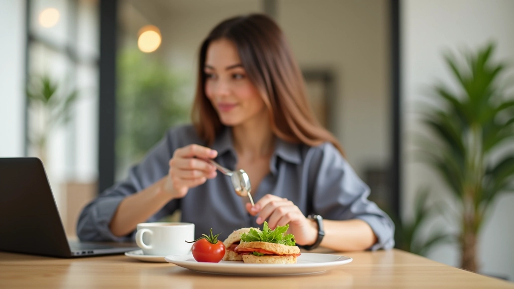 Pessoa almoçando de forma equilibrada no escritório, ambiente profissional