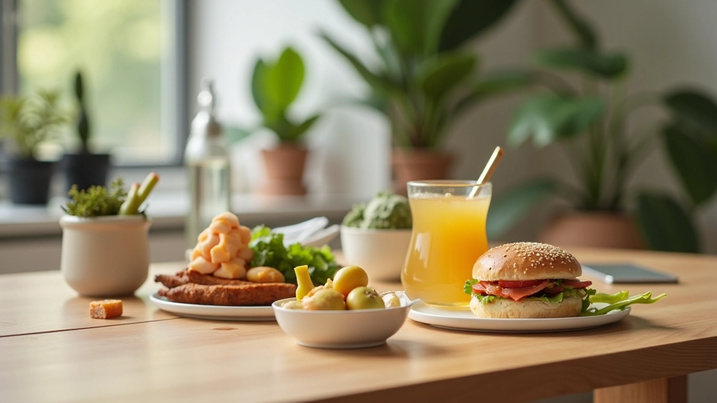Área de trabalho com garrafa de água, maçã, notas de dicas de nutrição, mesa organizada