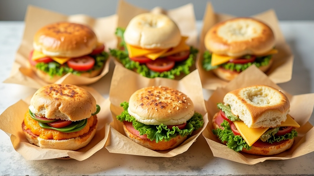 Seis diferentes sanduíches, wraps e focaccias em cima de papel, variadas cores e ingredientes