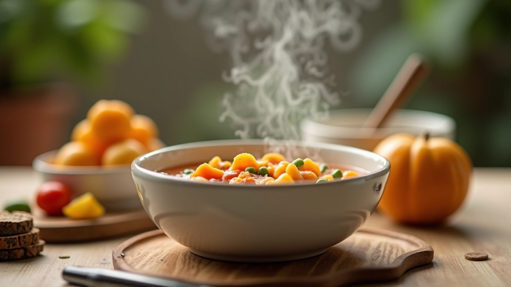 Termos com sopa quente caseira de legumes, vapor visível, mesa de trabalho