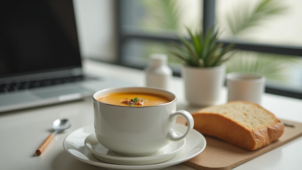Termos com sopa quente em cima de mesa de escritório, pão integral ao lado, luz natural