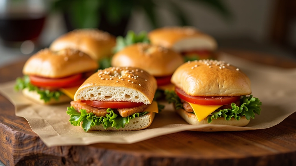 Variedade de sanduíches e wraps criativos em cima de uma mesa de madeira