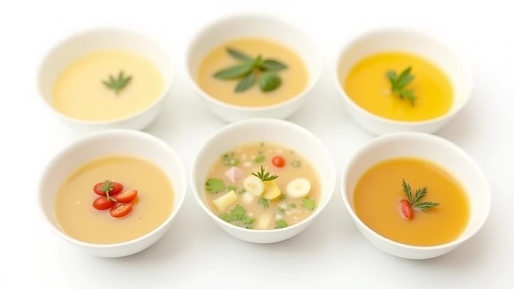 Variedade de sopas em tigelas diferentes, cada uma com cor e ingredientes distintos, servidas num estúdio profissional