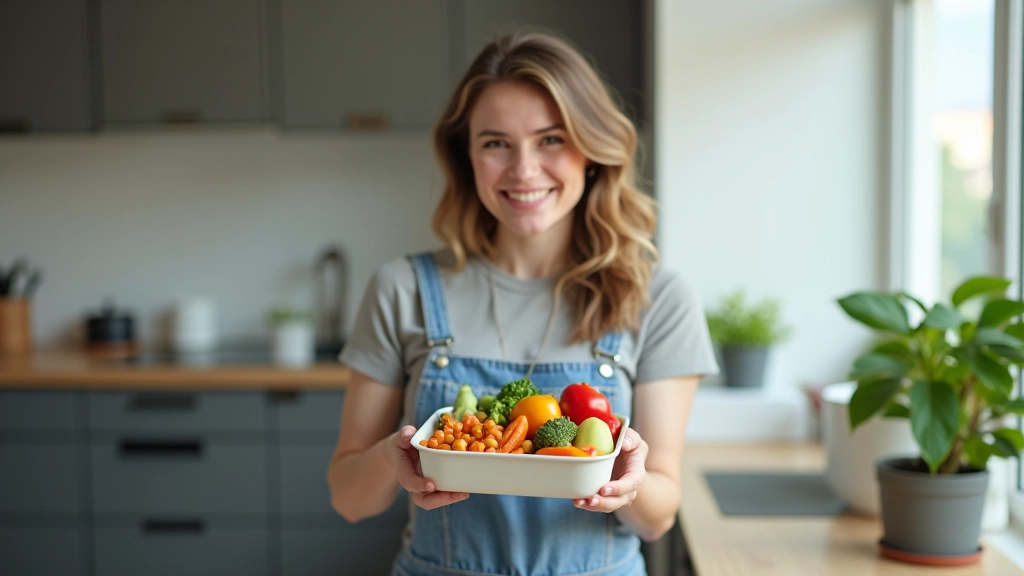 Mulher no escritório com marmita equilibrada e nutritiva