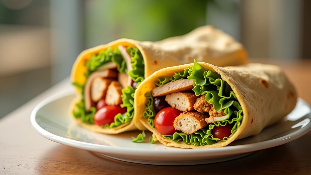 Wrap integral preenchido com frango desfiado, hummus e vegetais frescos, embrulho apetitoso